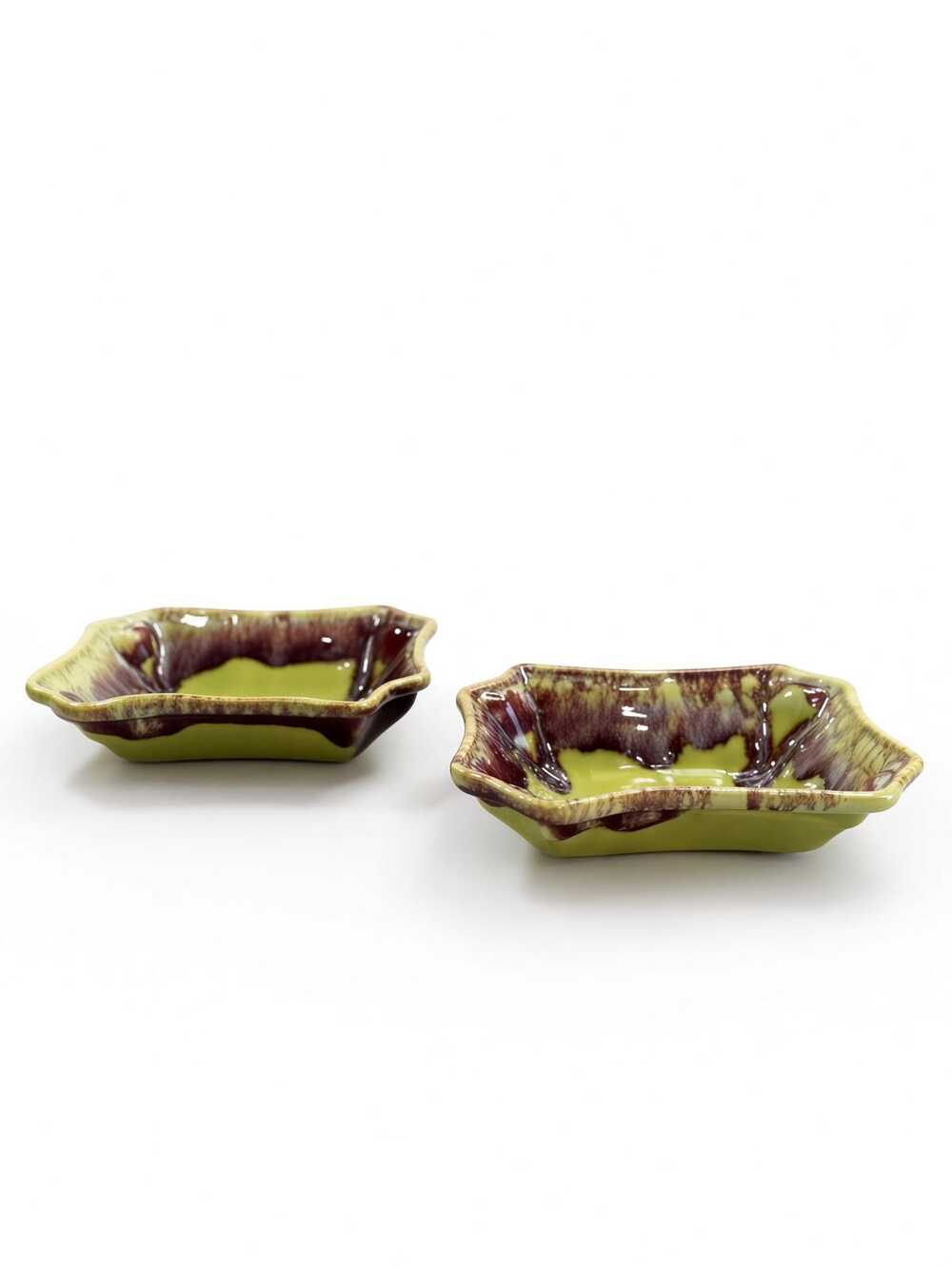 Vintage Drip Glaze Pottery Dishes, Mid Century Rabbit Foot Legs, Ceramic Trays